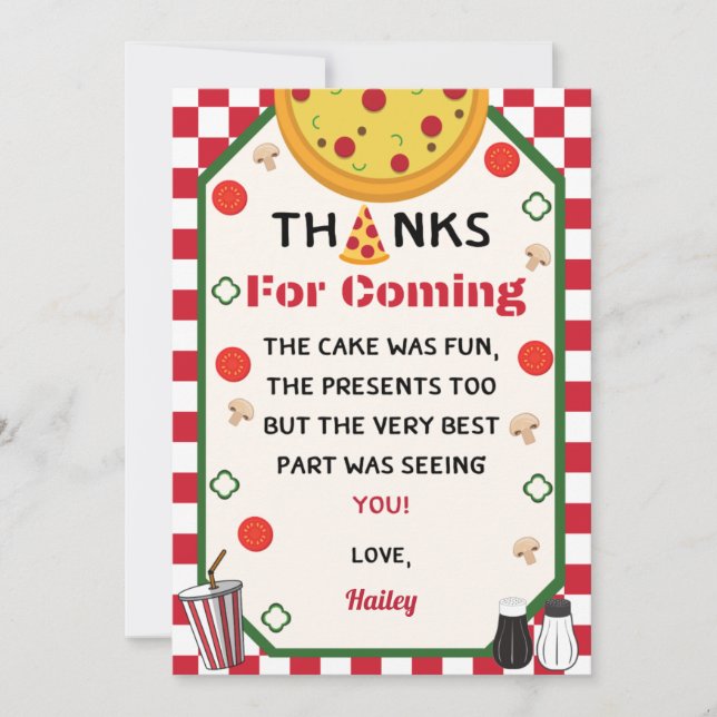 Tarjeta De Agradecimiento Fiesta de cumpleaños de Pizza Gracias (Anverso)