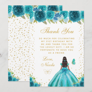 Tarjeta De Agradecimiento Fiesta de Cumpleaños de Princesa de Piel Oscura co