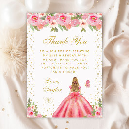 Tarjeta De Agradecimiento Fiesta de cumpleaños de Princesas Florales Rosa