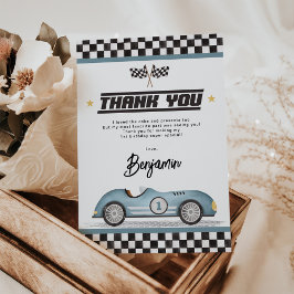 Tarjeta De Agradecimiento Fiesta de cumpleaños de Retro Blue Race Car Boy