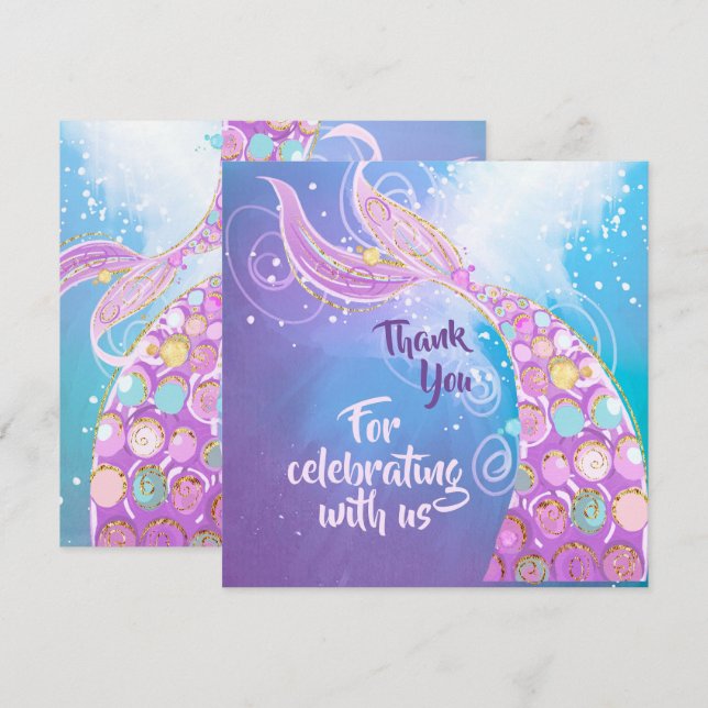 Tarjeta De Agradecimiento Fiesta de Cumpleaños de Sirena (Anverso / Reverso)