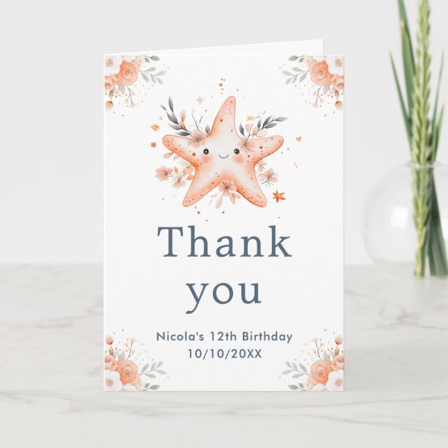 Tarjeta De Agradecimiento Fiesta de cumpleaños de Starfish floral Cute (Anverso)