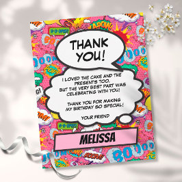 Tarjeta De Agradecimiento Fiesta de cumpleaños de superhéroe de cómic rosa