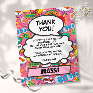 Tarjeta De Agradecimiento Fiesta de cumpleaños de superhéroe de cómic rosa
