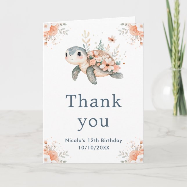 Tarjeta De Agradecimiento Fiesta de cumpleaños de tortuga floral cuta (Anverso)