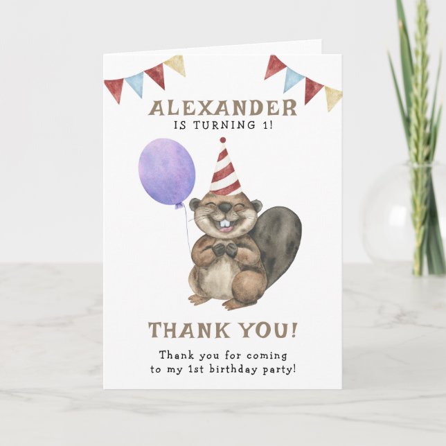 Tarjeta De Agradecimiento Fiesta de cumpleaños de un pequeño castor (Anverso)