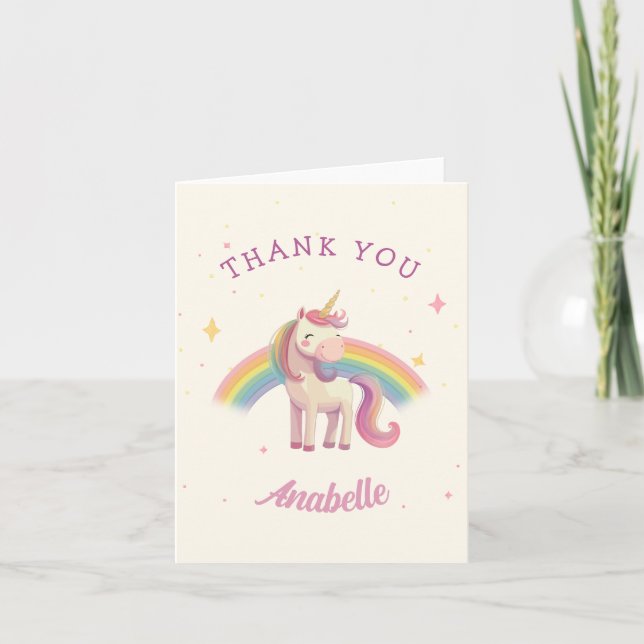 Tarjeta De Agradecimiento Fiesta de Cumpleaños de Unicornio Arcoíris en Acua (Anverso)