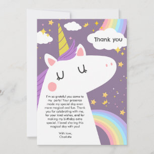 Tarjeta De Agradecimiento Fiesta de Cumpleaños de Unicornio Colorido y Arcoí