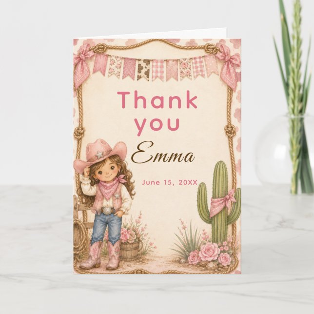 Tarjeta De Agradecimiento Fiesta de Cumpleaños de Vaquera Rosa (Anverso)