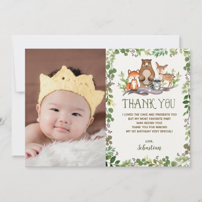 Tarjeta De Agradecimiento Fiesta de cumpleaños del bosque de los animales (Anverso)