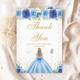 Tarjeta De Agradecimiento Fiesta de cumpleaños del Chica Blue Floral Blonde 