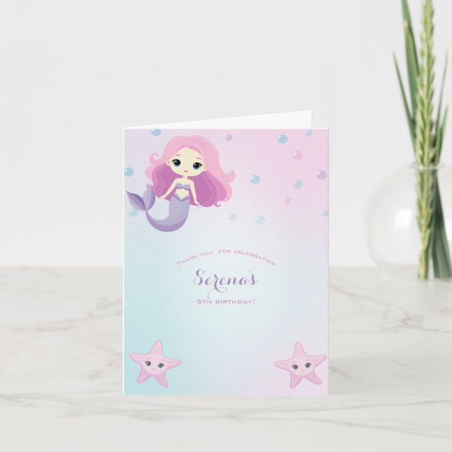 Tarjeta De Agradecimiento Fiesta de cumpleaños del Chica de la Sirena Cuta (Anverso)