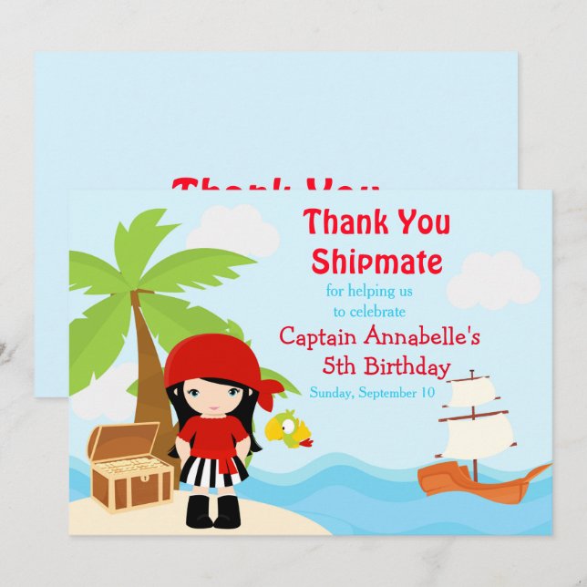 Tarjeta De Agradecimiento Fiesta de cumpleaños del Chica del pirata negro (Anverso / Reverso)