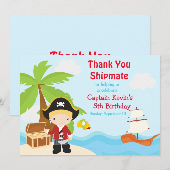 Tarjeta De Agradecimiento Fiesta de cumpleaños del chico pirata (Anverso / Reverso)