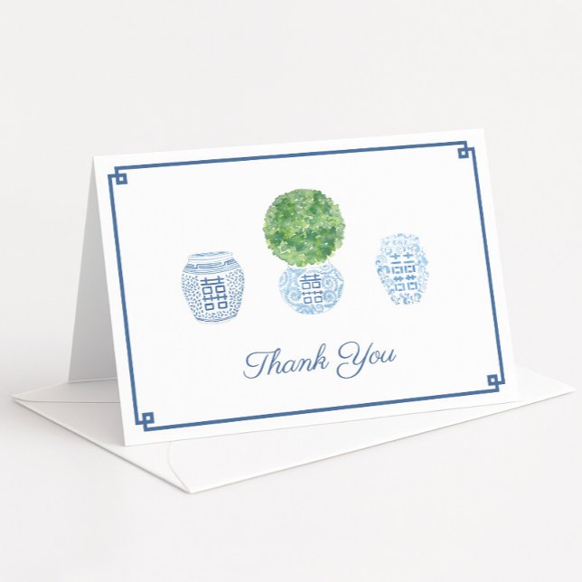 Tarjeta De Agradecimiento Fiesta de cumpleaños del clásico Boxwood Topiary G (Watercolor preppy boxwood topiary with ginger jars folding thank you card design greek key border)