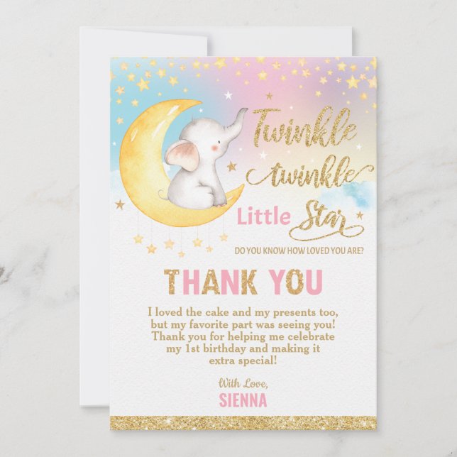 Tarjeta De Agradecimiento Fiesta de cumpleaños del elefante Twinkle Little S (Anverso)