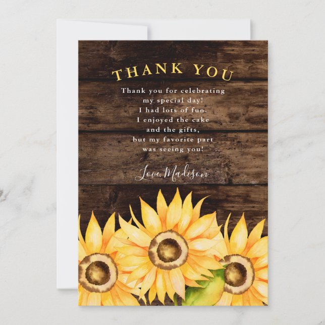 Tarjeta De Agradecimiento Fiesta de Cumpleaños del Girasol Amarillo Rústico (Anverso)