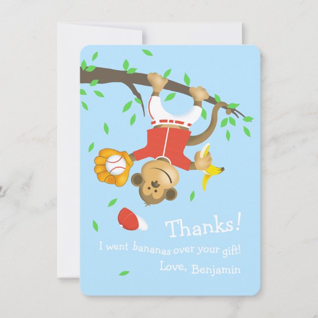 Tarjeta De Agradecimiento Fiesta de cumpleaños del mono de béisbol (Anverso)