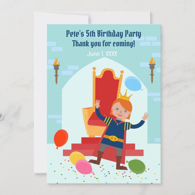 Tarjeta De Agradecimiento Fiesta de Cumpleaños del Niño Príncipe Real (Anverso)