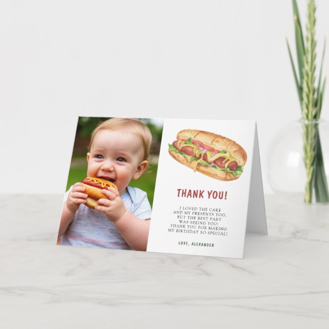 Tarjeta De Agradecimiento Fiesta de Cumpleaños del Primer Año con Hot Dog Ac (Anverso)