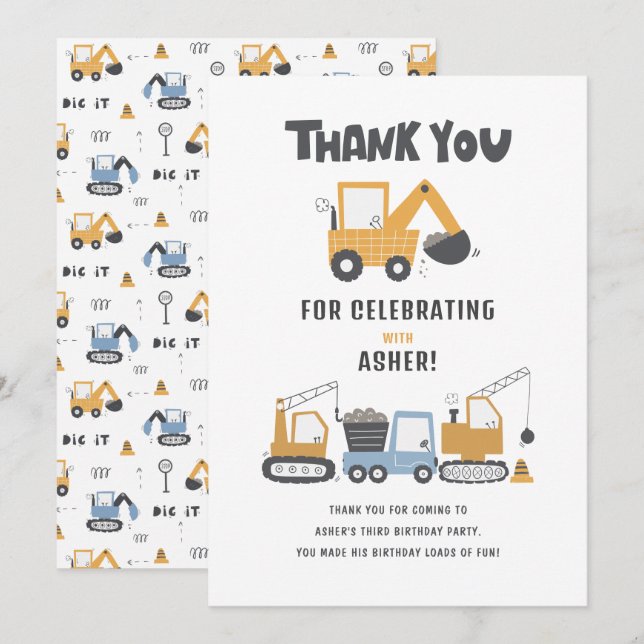 Tarjeta De Agradecimiento Fiesta de cumpleaños del tema de construcción (Anverso / Reverso)