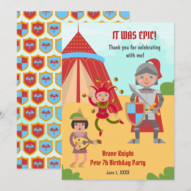 Tarjeta De Agradecimiento Fiesta de cumpleaños del Torneo de los Caballeros  (Anverso / Reverso)