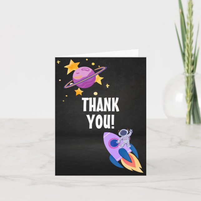 Tarjeta De Agradecimiento Fiesta de Cumpleaños Despegue Espacial Gracias (Anverso)