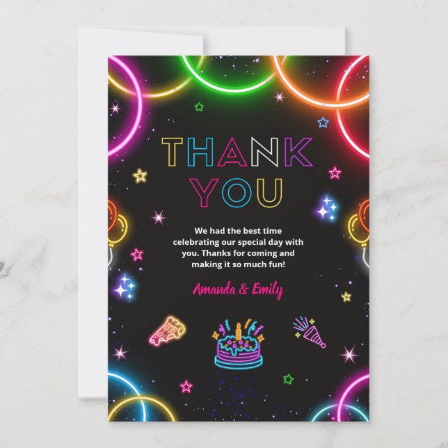 Tarjeta De Agradecimiento Fiesta de Cumpleaños Doble de Gemelos Neon (Anverso)