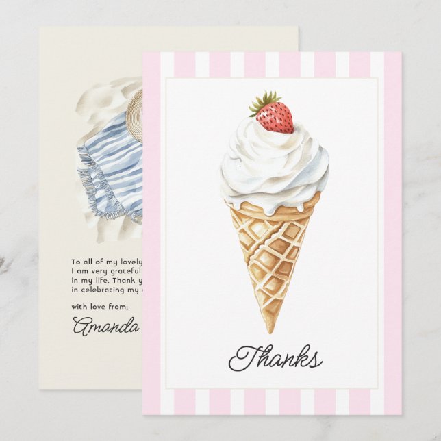 Tarjeta De Agradecimiento Fiesta de Cumpleaños en la Playa con Helado Coster (Anverso / Reverso)