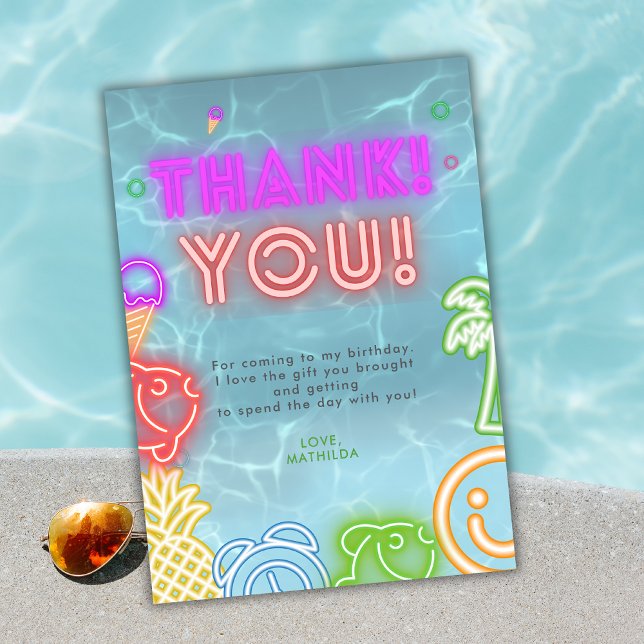Tarjeta De Agradecimiento Fiesta de Cumpleaños en Piscina con Brillo de Neón (Subido por el creador)