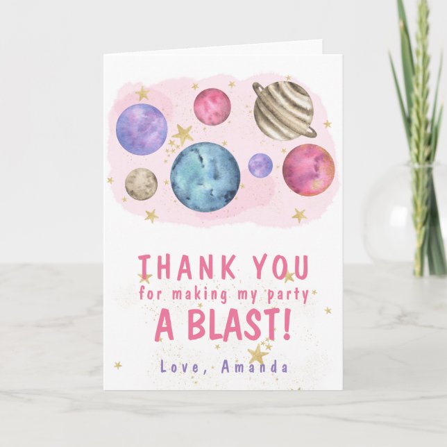 Tarjeta De Agradecimiento Fiesta de cumpleaños espacial de planetas rosados (Anverso)