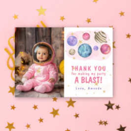 Tarjeta De Agradecimiento Fiesta de cumpleaños espacial de planetas rosados