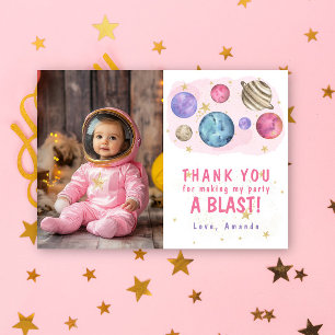 Tarjeta De Agradecimiento Fiesta de cumpleaños espacial de planetas rosados