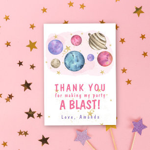 Tarjeta De Agradecimiento Fiesta de Cumpleaños Espacial en Planetas Rosados