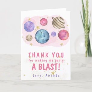 Tarjeta De Agradecimiento Fiesta de Cumpleaños Espacial Planetas Rosados