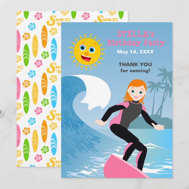 Tarjeta De Agradecimiento Fiesta de cumpleaños femenina de surf (Anverso / Reverso)