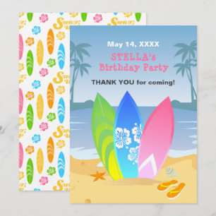 Tarjeta De Agradecimiento Fiesta de cumpleaños femenina de surf