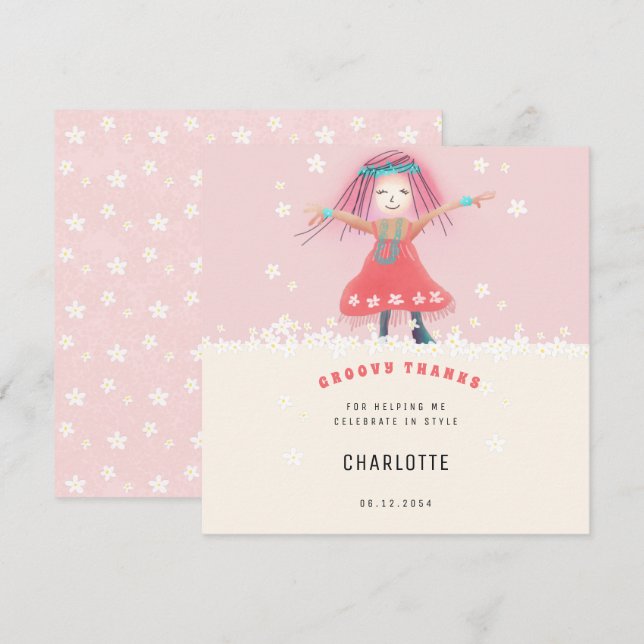 Tarjeta De Agradecimiento Fiesta de cumpleaños floral boho linda niña groovy (Anverso / Reverso)
