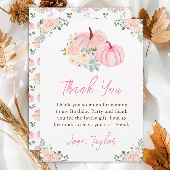 Tarjeta De Agradecimiento Fiesta de cumpleaños floral de calabazas rosadas (Subido por el creador)