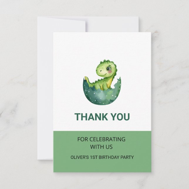 Tarjeta De Agradecimiento Fiesta de Cumpleaños Infantil de Dinosaurio Verde  (Anverso)