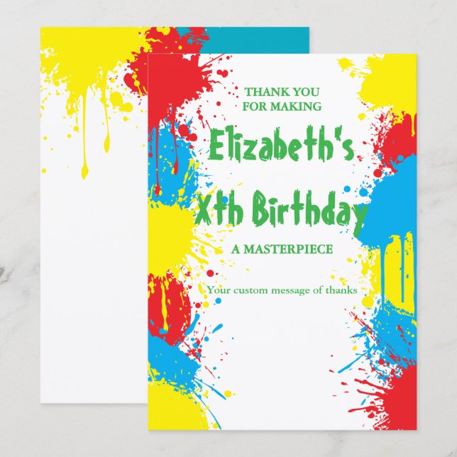 Tarjeta De Agradecimiento Fiesta de Cumpleaños Infantil de Pintura (Anverso / Reverso)