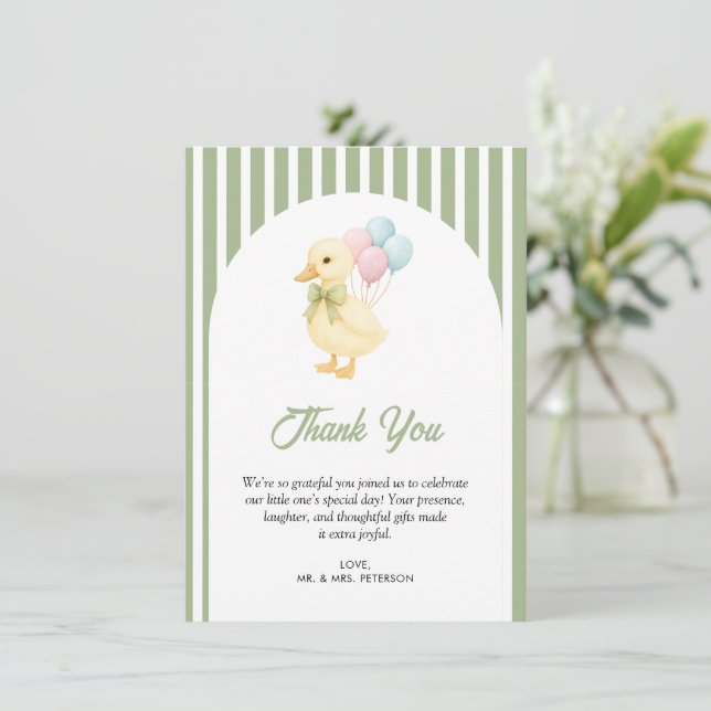Tarjeta De Agradecimiento Fiesta de Cumpleaños Infantil Tema Pato Rayas Prep (Anverso de pie)