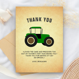 Tarjeta De Agradecimiento Fiesta de Cumpleaños Infantil Tractor Granja Verde
