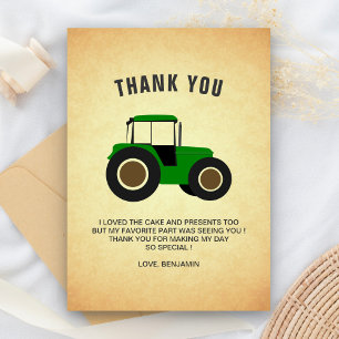 Tarjeta De Agradecimiento Fiesta de Cumpleaños Infantil Tractor Granja Verde