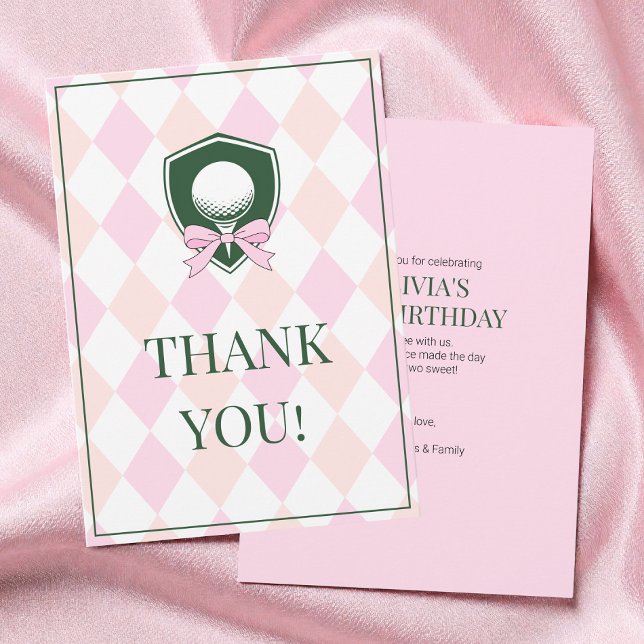 Tarjeta De Agradecimiento Fiesta de cumpleaños moderna de golf rosa para niñ (Pink Golf Modern Two Sweet Girl 2nd Birthday Party Thank You Card)