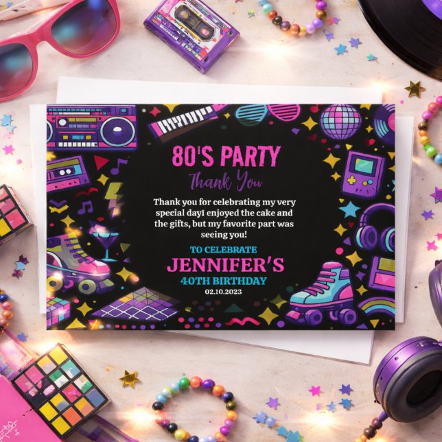 Tarjeta De Agradecimiento Fiesta de Cumpleaños Moderna Retro Neon de los 80  (Modern Retro Neon 80’s Birthday Party for Adults Thank You Card
)