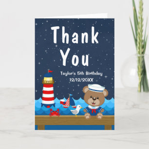 Tarjeta De Agradecimiento Fiesta de Cumpleaños Niño Marino Oso Rojo y Azul M