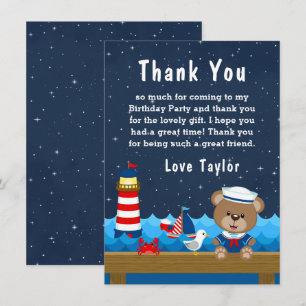 Tarjeta De Agradecimiento Fiesta de Cumpleaños Niño Marítimo Oso Rojo y Azul