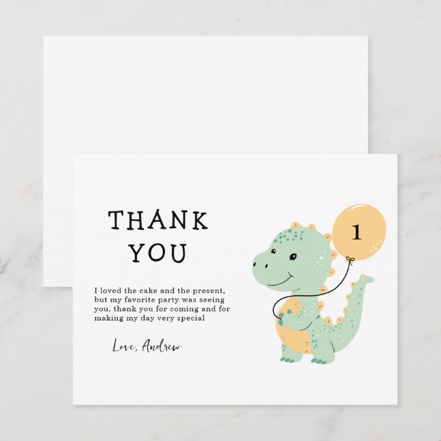 Tarjeta De Agradecimiento Fiesta de cumpleaños número 1 de Dinosaurio, T rex (Anverso / Reverso)