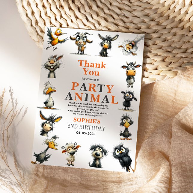 Tarjeta De Agradecimiento Fiesta de cumpleaños número 2 con animales diverti (Whimsical Funny Animals 2nd Birthday Party Thank You Card)